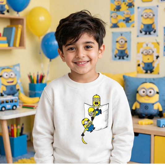 Child wearing white Minions pocket print sweatshirt