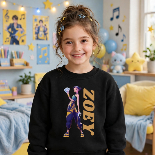 Child wearing black Zoey graphic sweatshirt