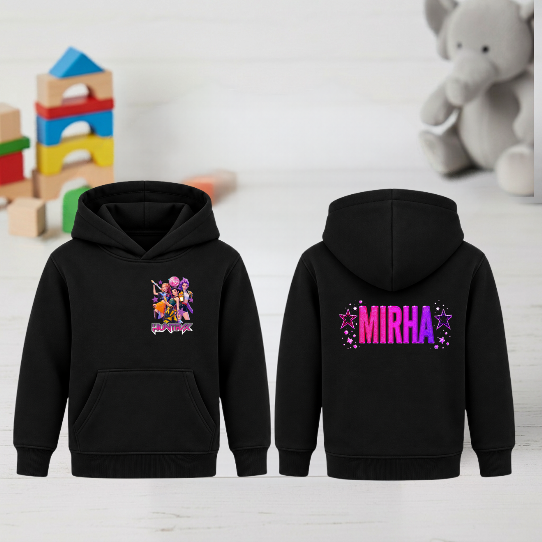 Front and back of black kids Mirha character hoodie with pink-purple name lettering and stars