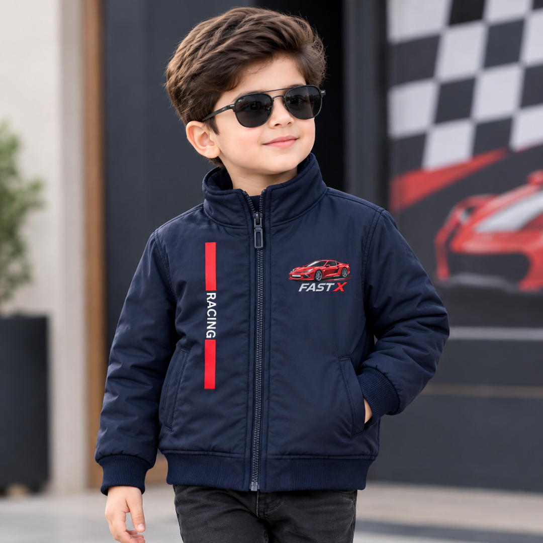 Child wearing navy Fast X racing jacket