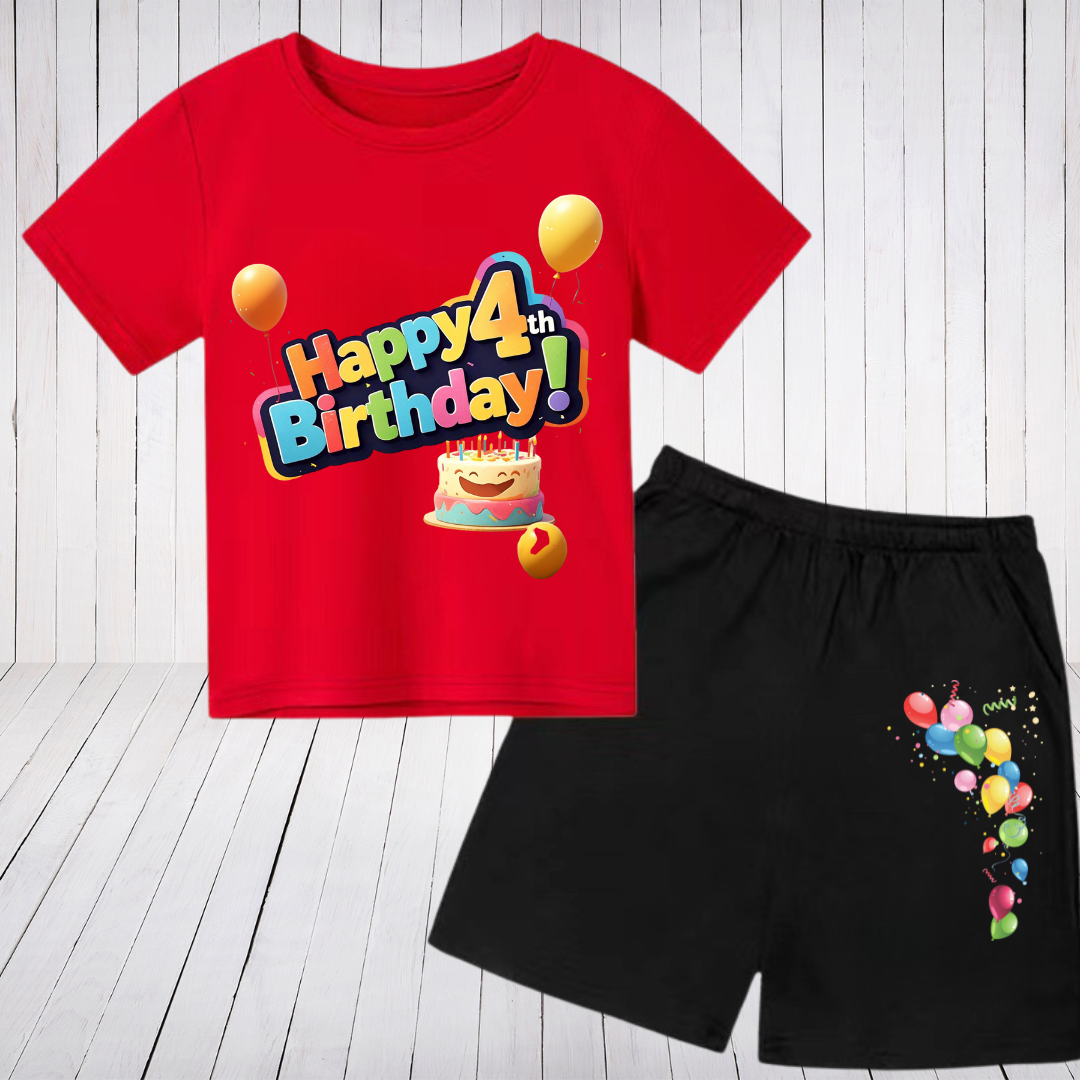 ๐๐จ๐ฆ๐๐๐ฅ๐จ๐ ๐ฌยฎ Happy 4th Birthday Kids T-Shirt & Short Set ๐