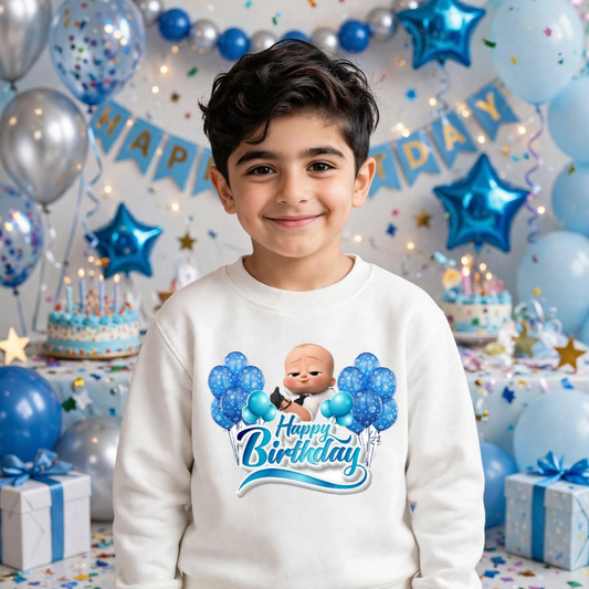 Child wearing white Boss Baby birthday sweatshirt