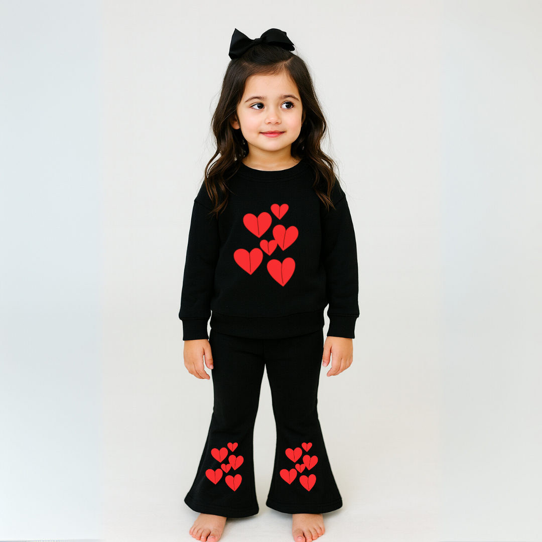 Girls Black Fleece Tracksuit with Red Heart Print