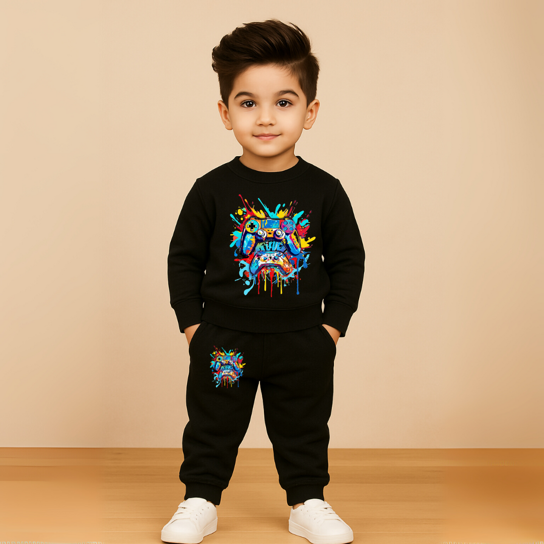Boys Black Fleece Tracksuit with Colorful Gamer Print