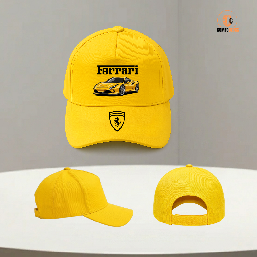 Kids Ferrari Yellow Cap | Sports Car Printed Baseball Cap for Boys