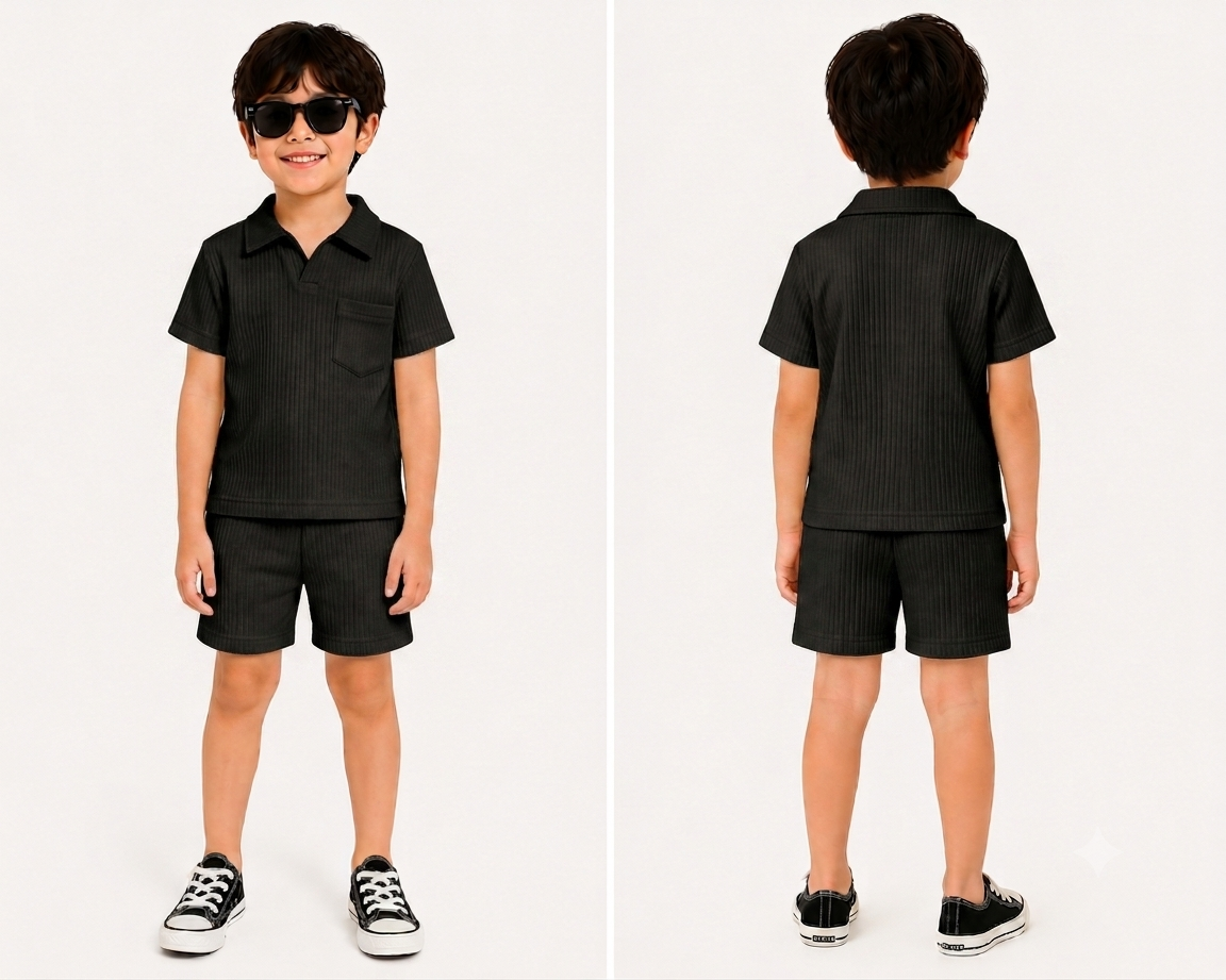 Premium Boys plain Black Polo & Shorts Set