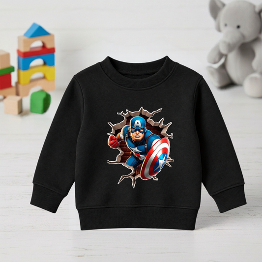 Black kids Captain America sweatshirt with cracked-wall shield graphic