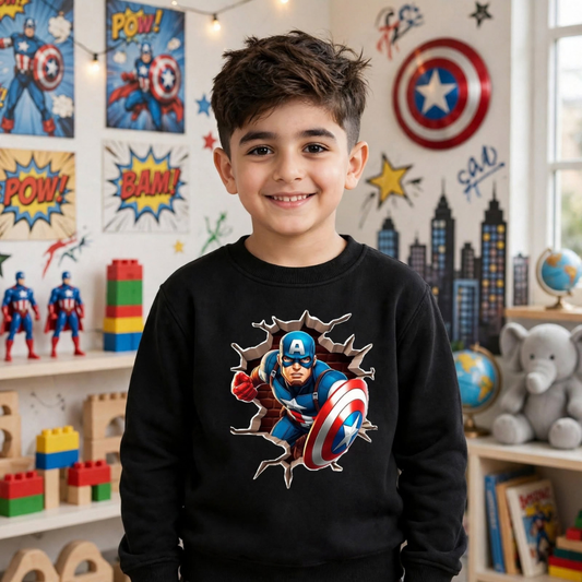 Child wearing black Captain America graphic sweatshirt