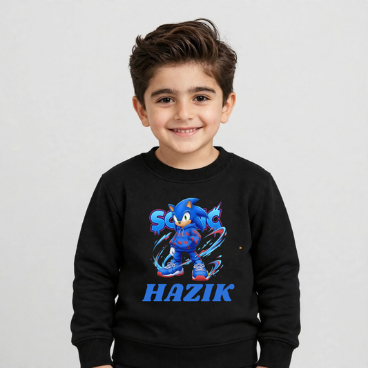 Child wearing black Sonic graphic sweatshirt with Hazik lettering