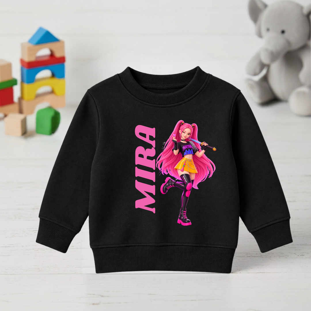 Black kids sweatshirt with Mira character graphic and pink MIRA lettering