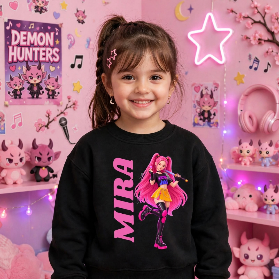 Child wearing black Mira graphic sweatshirt
