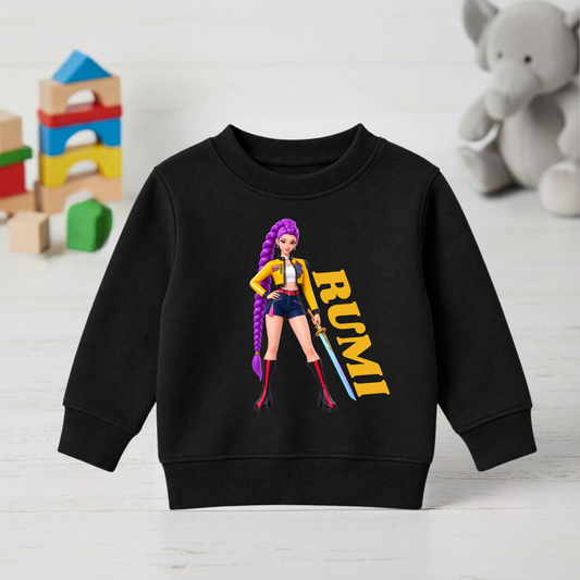Black kids sweatshirt with Rumi graphic and yellow RUMI lettering