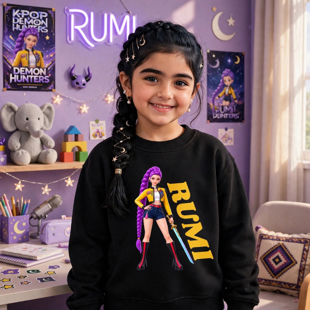 Child wearing black Rumi graphic sweatshirt
