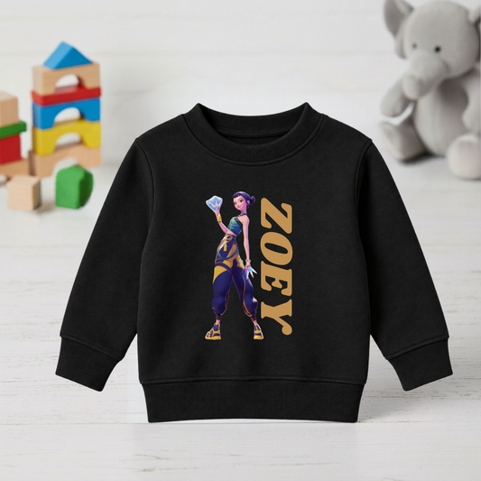 Black kids sweatshirt with Zoey character graphic and gold ZOEY lettering