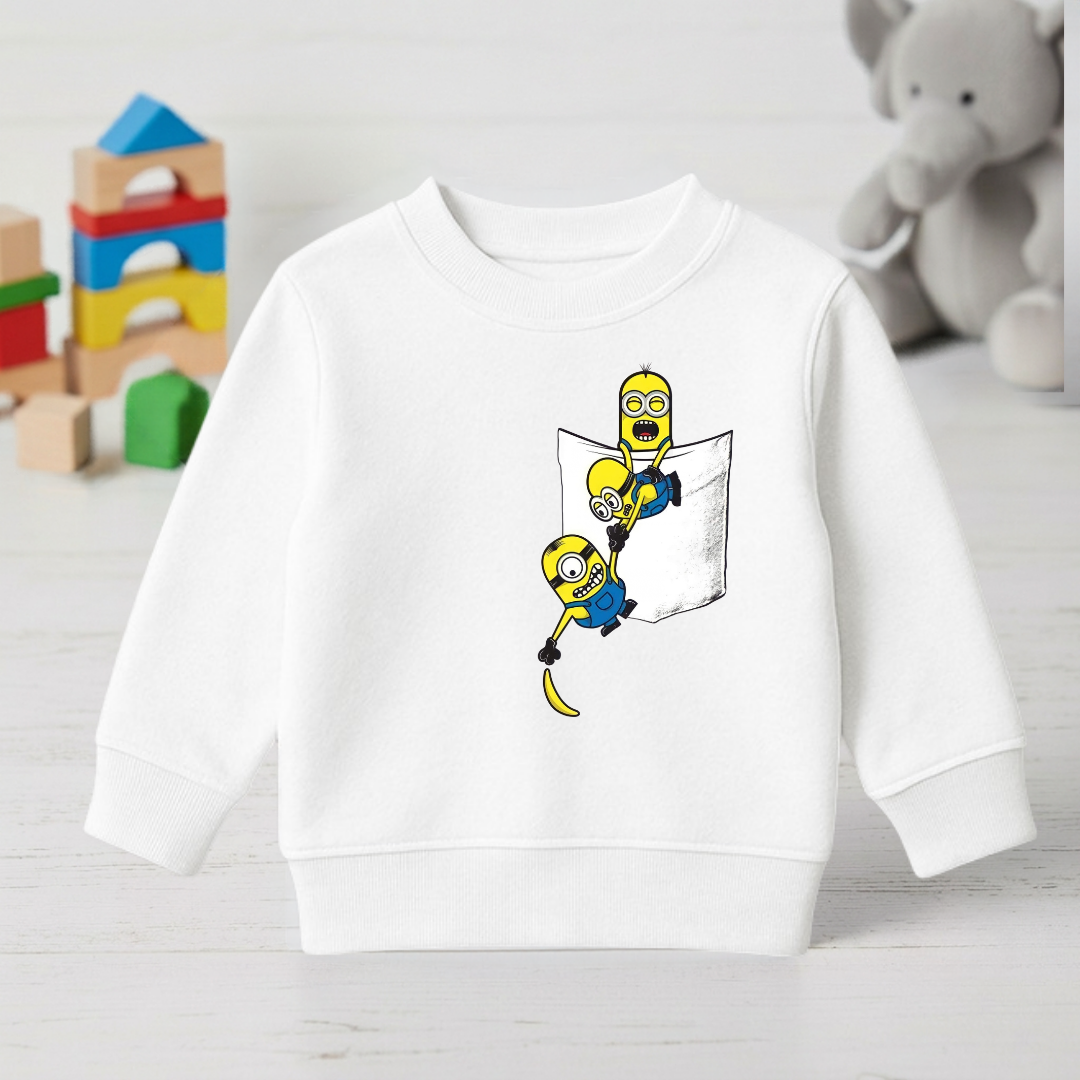 White kids sweatshirt with Minions pocket print