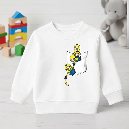 White kids sweatshirt with Minions pocket print