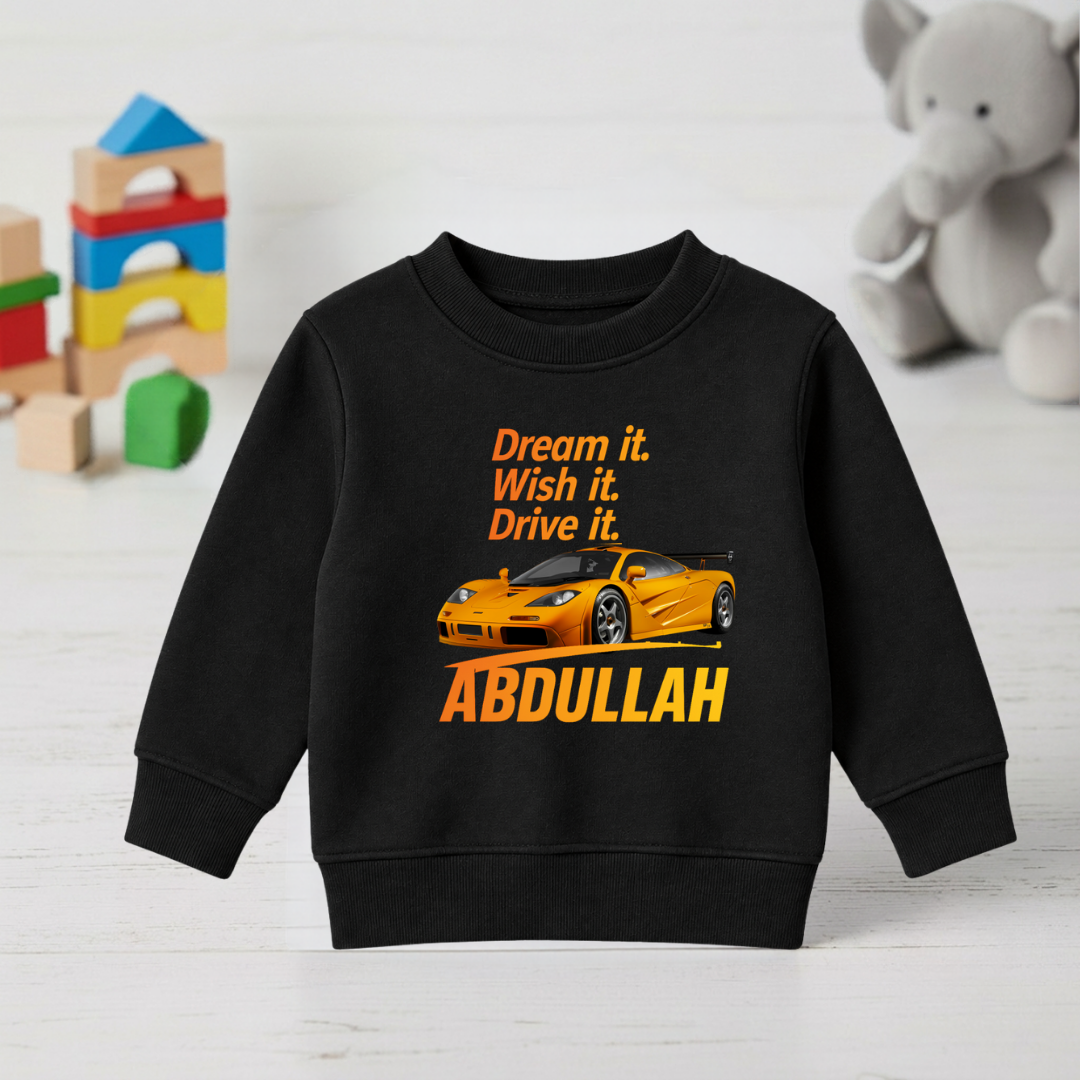 Black kids Abdullah sweatshirt with yellow sports car and Dream it Wish it Drive it lettering
