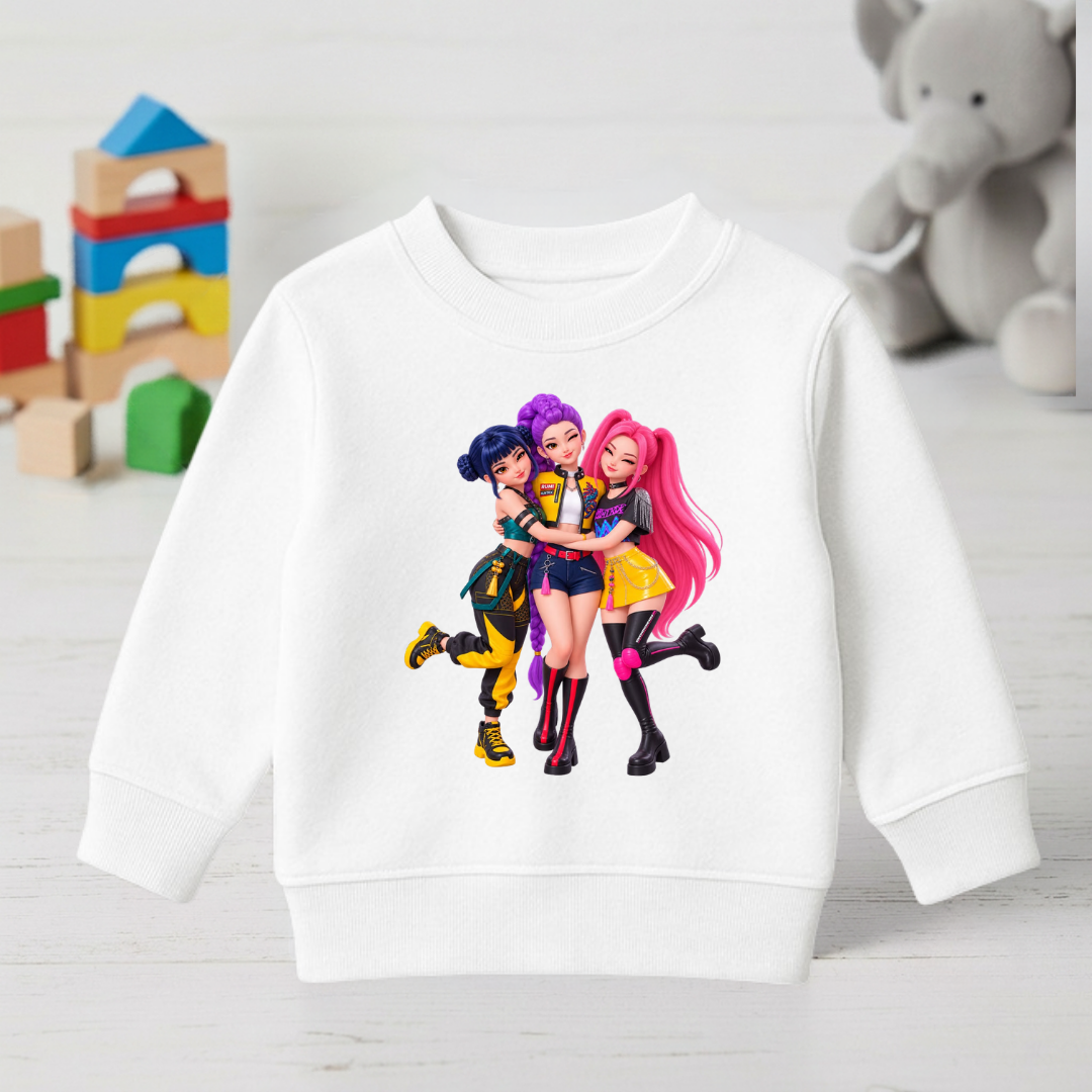 White kids sweatshirt featuring three colourful characters embracing