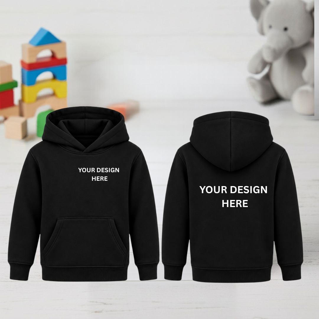 Front and back of black kids hoodie with Your Design Here placement text