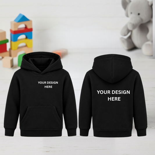 Front and back of black kids hoodie with Your Design Here placement text