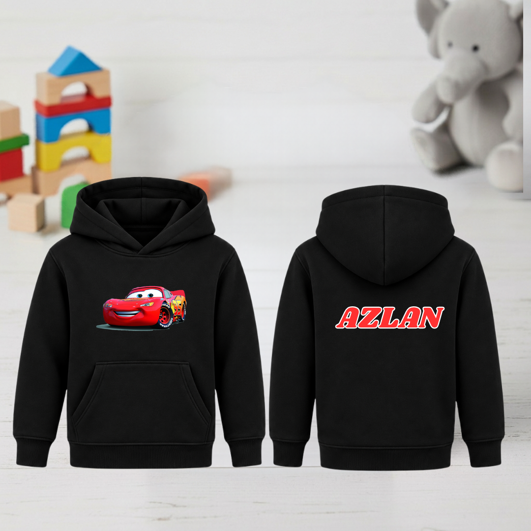 Front and back of black kids Azlan hoodie with red race car graphic and AZLAN lettering