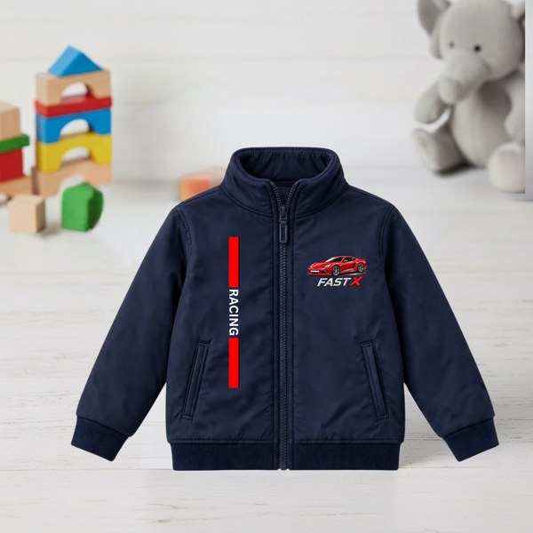 Navy kids Fast X racing jacket with red sports car graphic
