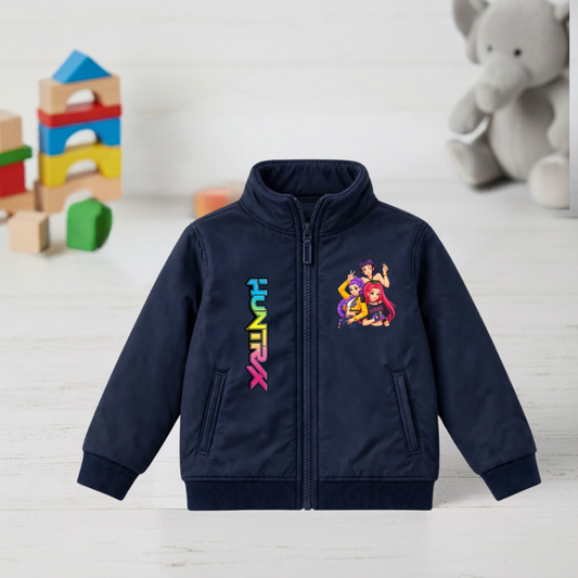 Navy kids jacket with character-trio graphic and multicoloured HUNTR/X lettering