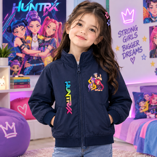 Child wearing navy HUNTR/X character jacket