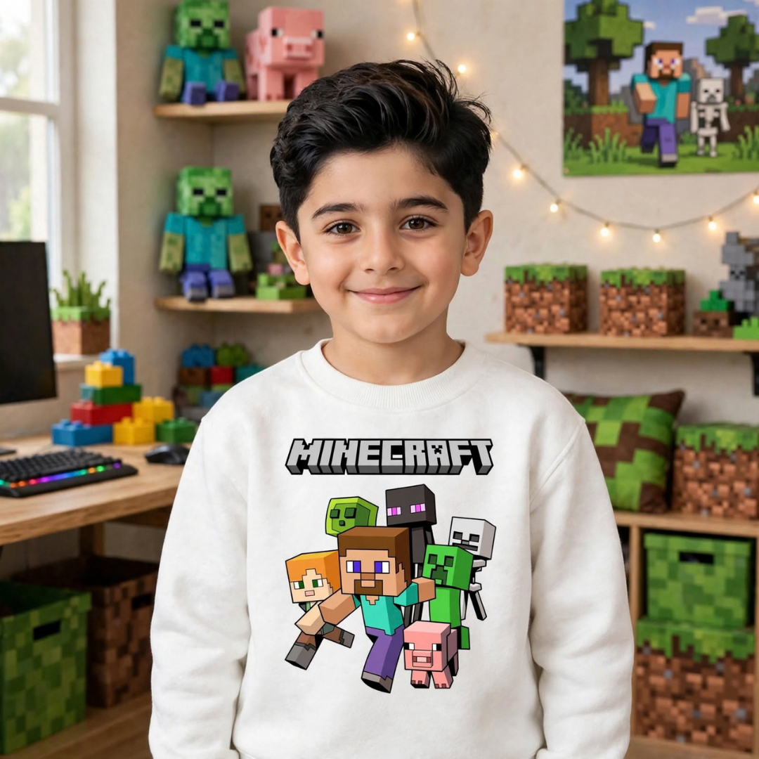 Child wearing white Minecraft character print sweatshirt
