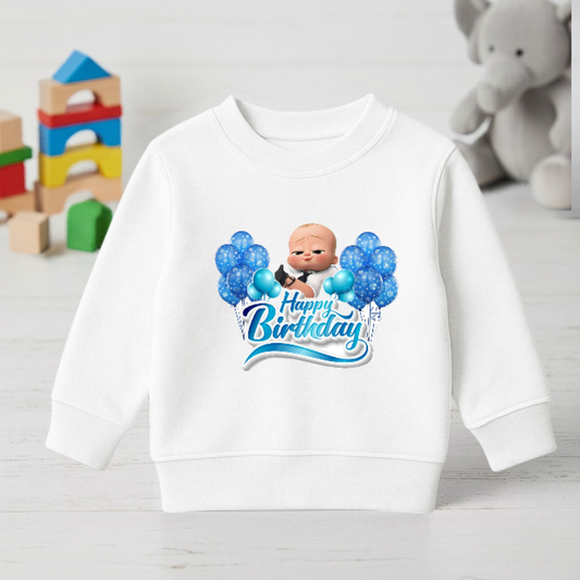 White kids Boss Baby sweatshirt with blue balloons and Happy Birthday lettering