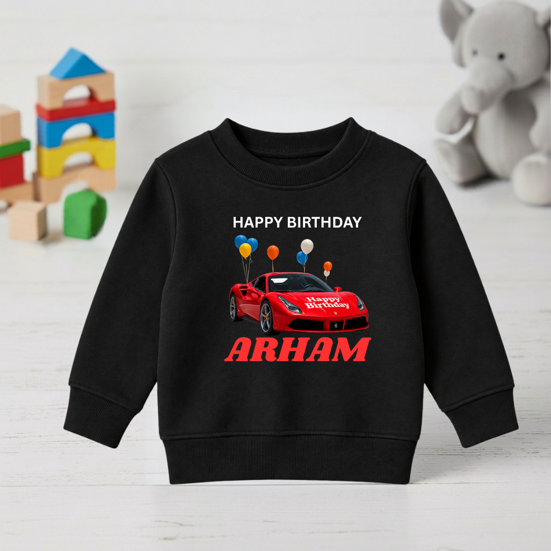 Black kids car birthday sweatshirt with red sports car and Arham lettering