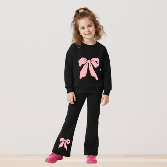Girls Black Fleece Tracksuit with Pink Bow Print –