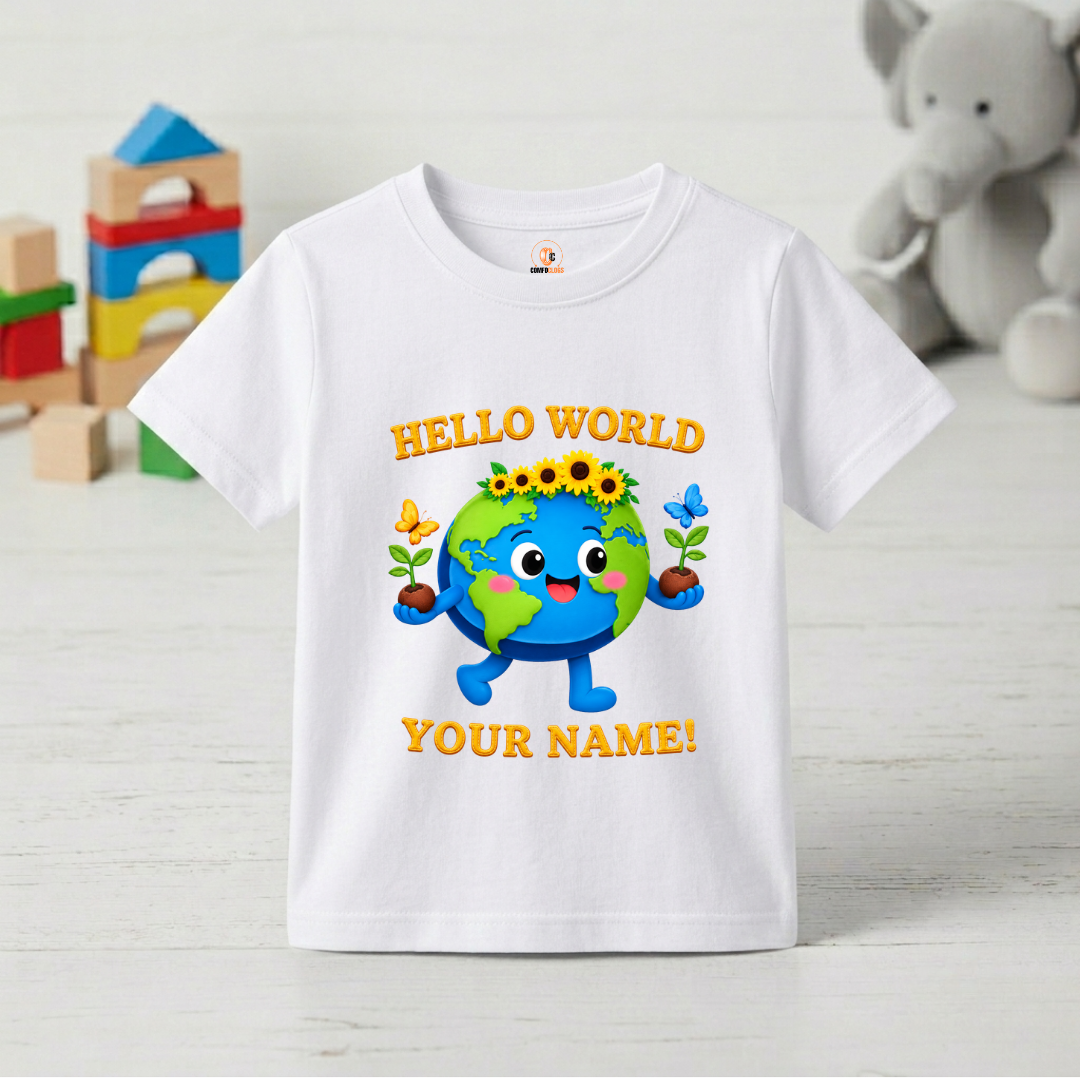 Personalized Hello World Earth Kids T-Shirt | Custom Name Tee