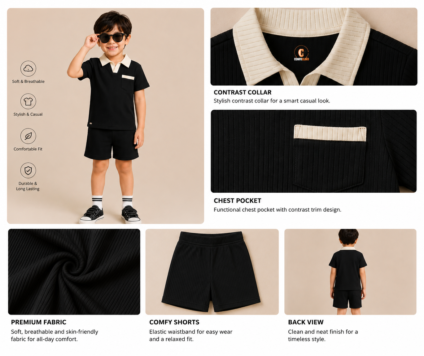 Premium Boys Polo & Shorts Set — Black | Little Gentleman