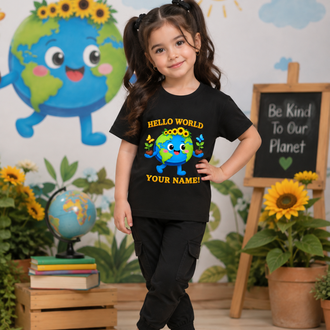 Personalized Hello World Earth Kids T-Shirt | Custom Name Tee
