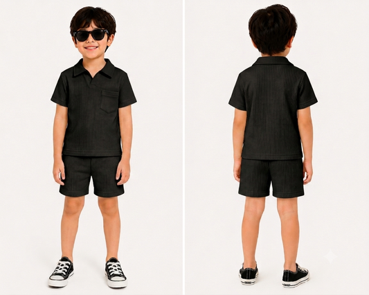 Premium Boys plain  Black Polo & Shorts Set