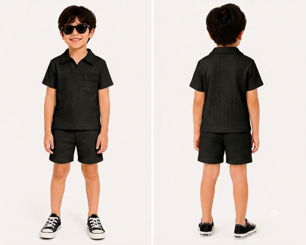 Premium Boys plain  Black Polo & Shorts Set